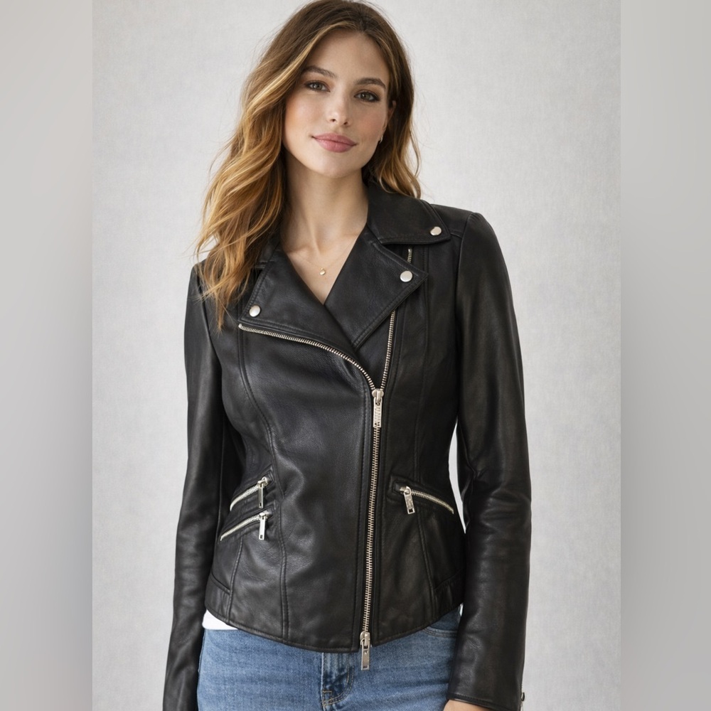Karen Millen Black Lamb Leather Moto Biker Jacket sz.8